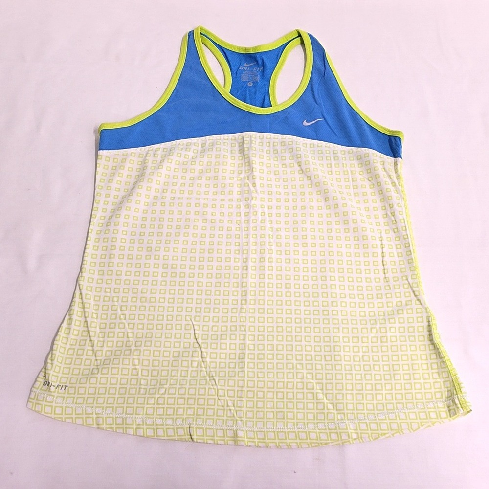 Nike Tank Top Womens M Blue Lime Green Dri-FIT Racerback Geometric Yoga Y2K